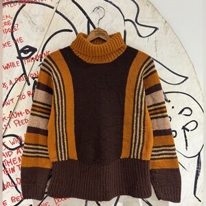 Vintage 80s Handmade Chunky Knit Striped Turtleneck Sweater